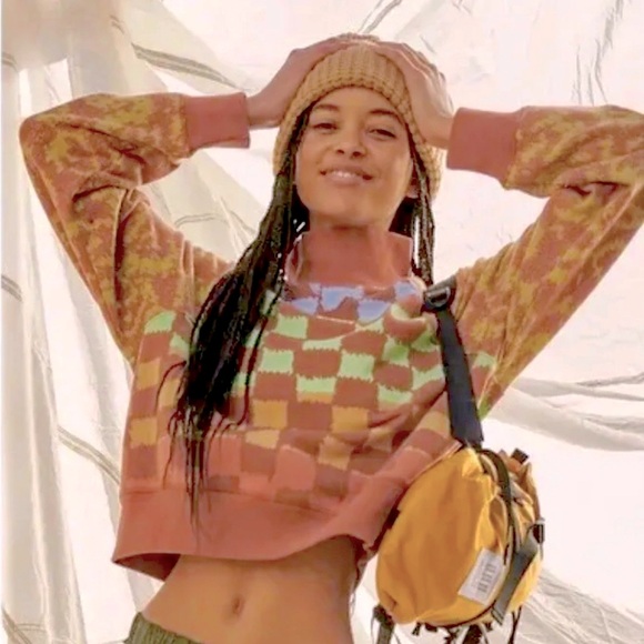 Free People Movement Multicolor Checker Mock Neck Crop Sweatshirt Size Medium - Picture 9 of 9